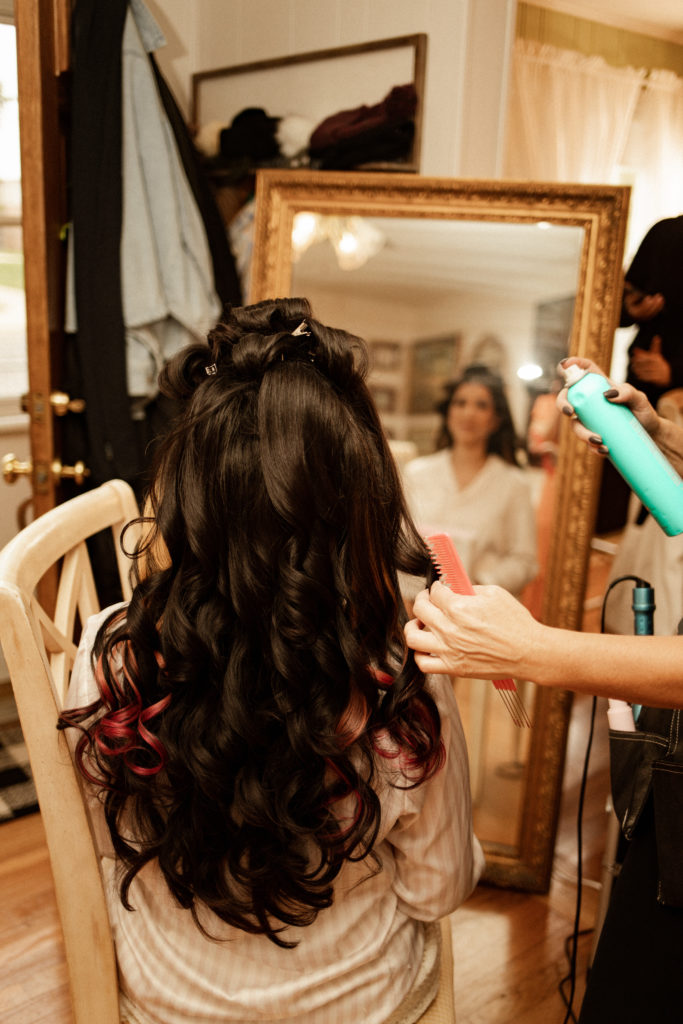 bride's hair getting done