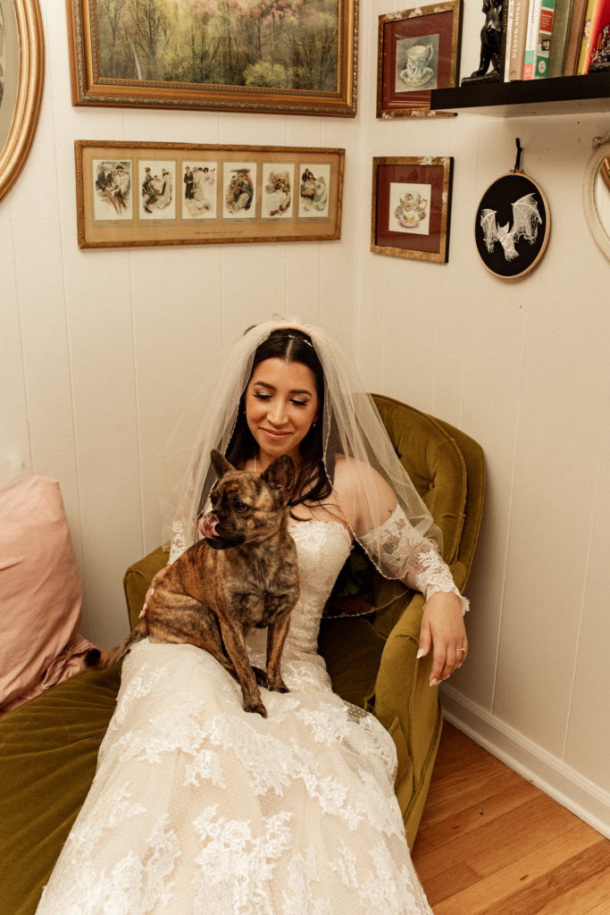 vintage room with bride posing with dog