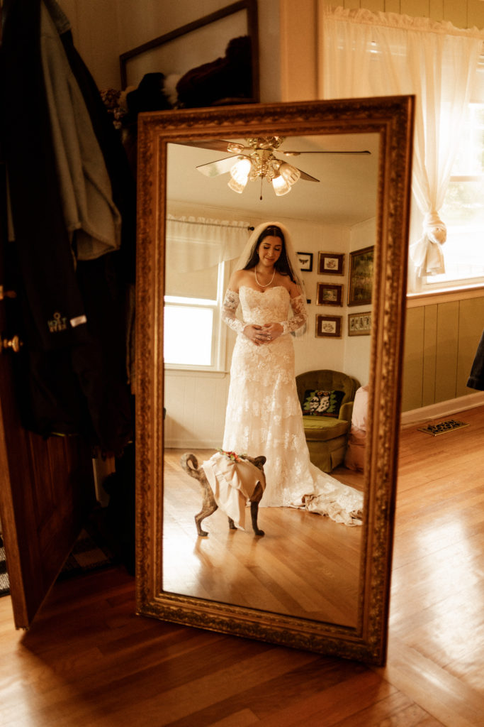 bride reflection in the mirror with her dog