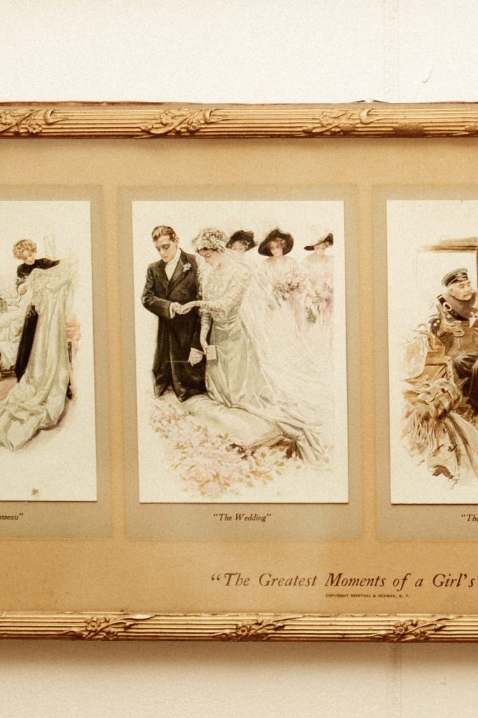 vintage wedding portrait frames of bride getting married