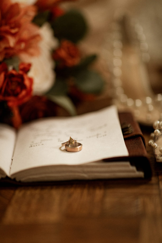 the wedding rings on a poem in a vintage setting