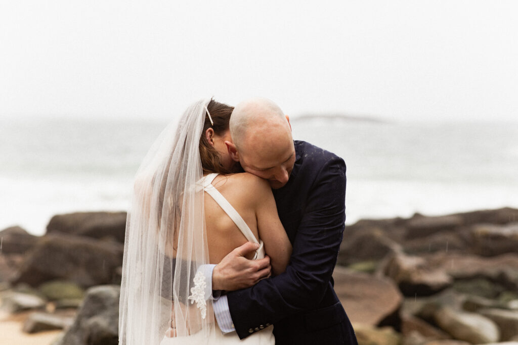 Sand Beach elopement in Acadia National Park in the rain