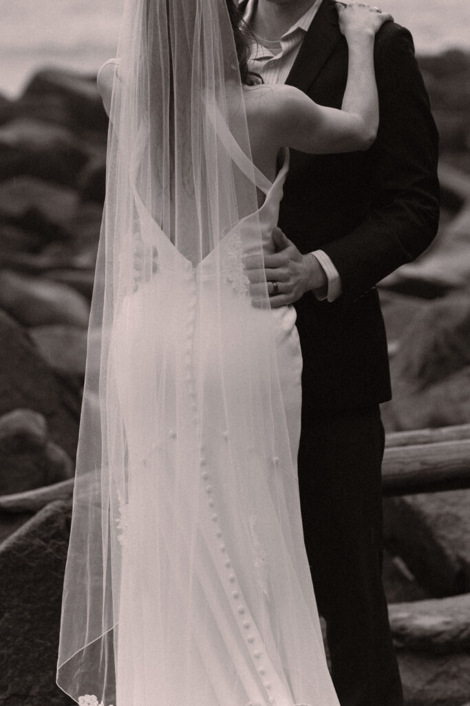 Sand Beach elopement in Acadia National Park in black and white