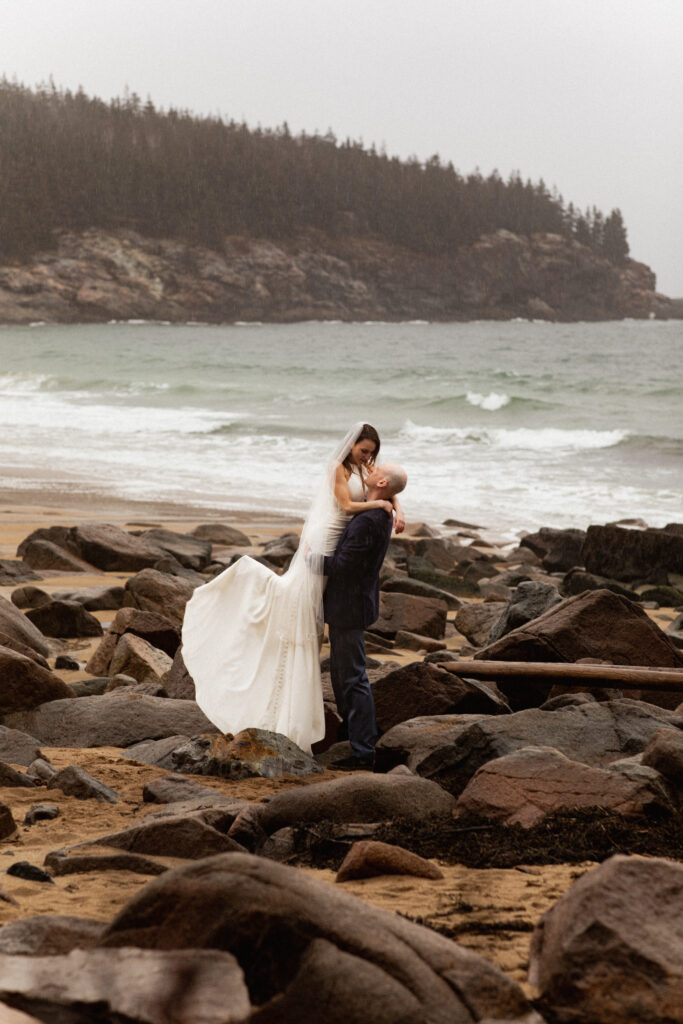 Sand Beach elopement in Acadia National Park in the rain