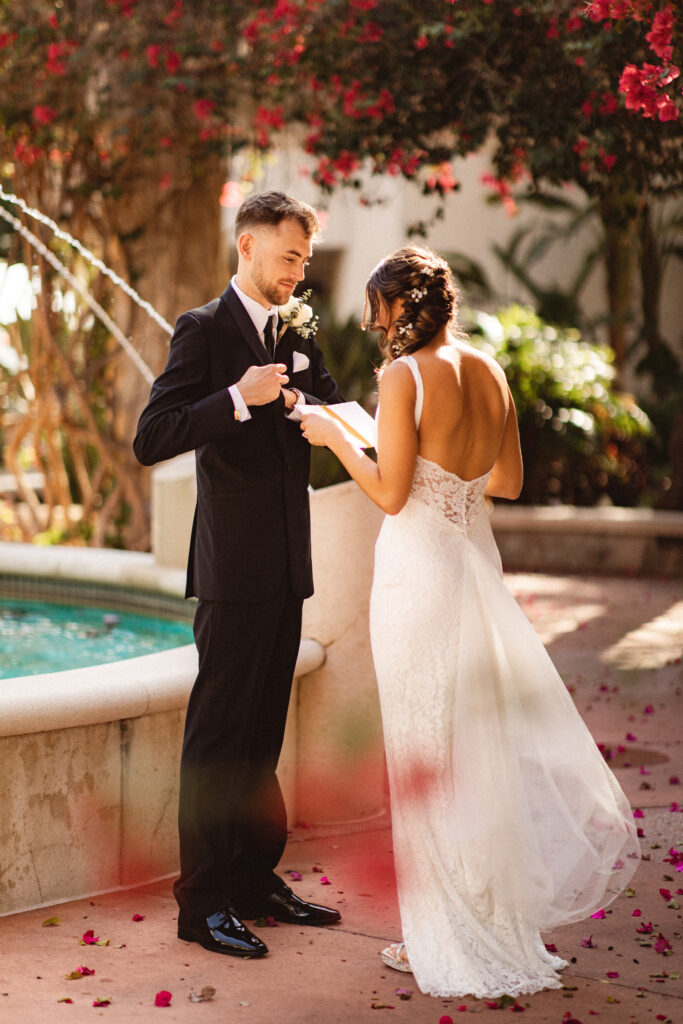 Flower blooms at wedding in St. Petersburg, Florida at Poynter Institute during first look