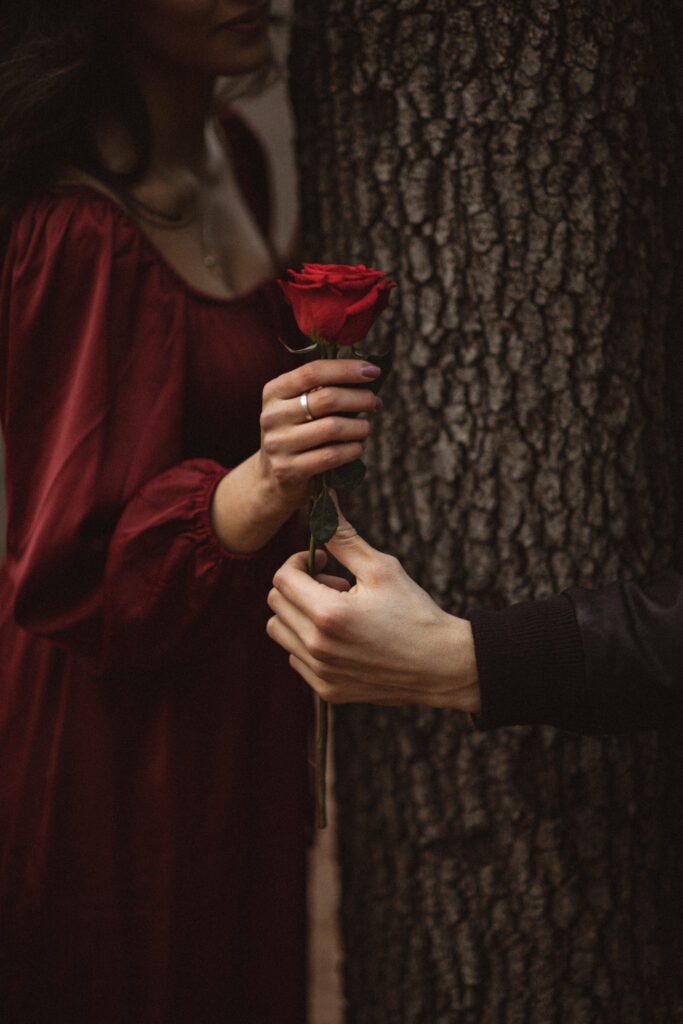 Woman holding a single red rose while leaning against a tree.
