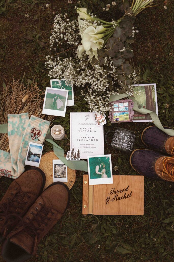 Adventure elopement at Thompson Park in nature with a flat lay