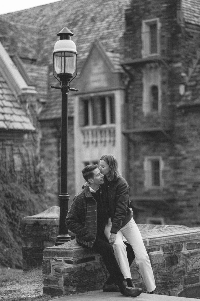 Princeton University Engagement Session in the autumn in black and white