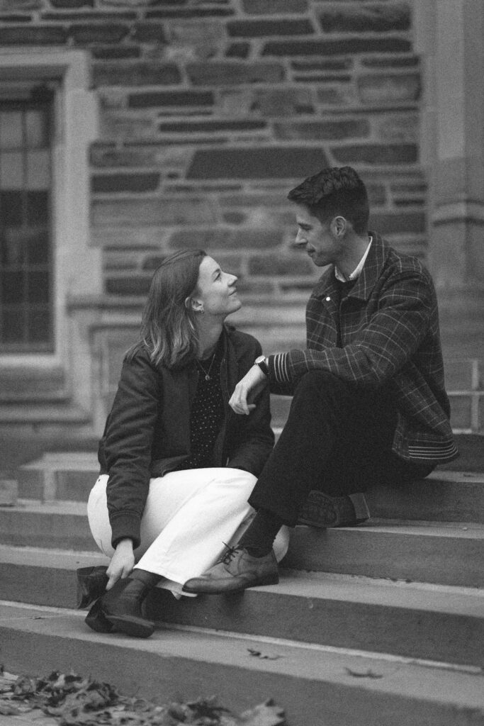 Princeton University Engagement Session in the autumn in black and white