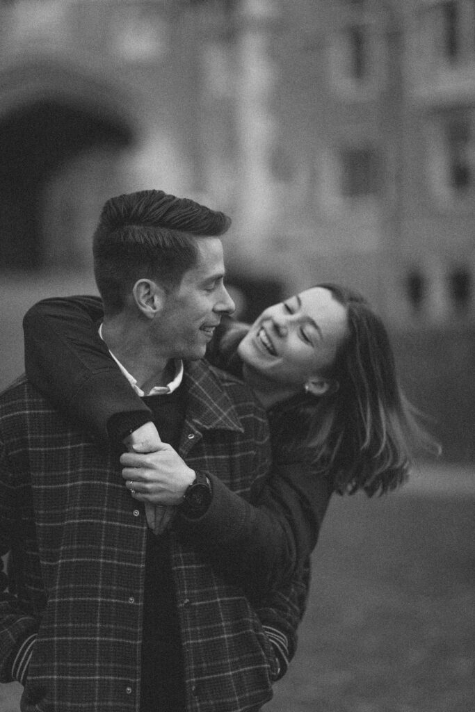 Princeton University Engagement Session in the autumn in black and white