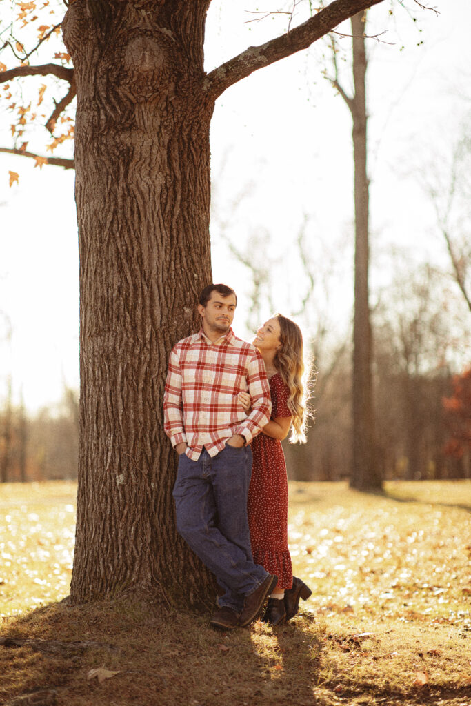 Vintage Autumn Engagement Session at Thompson Park, NJ by a tree