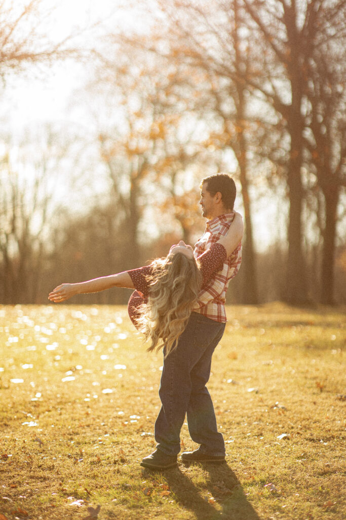 Vintage Autumn Engagement Session at Thompson Park, NJ during golden hour sunset